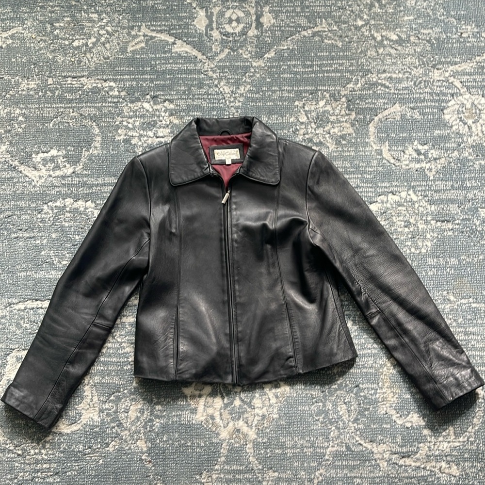 Oleg Cassini Black Leather Jacket Petite Medium